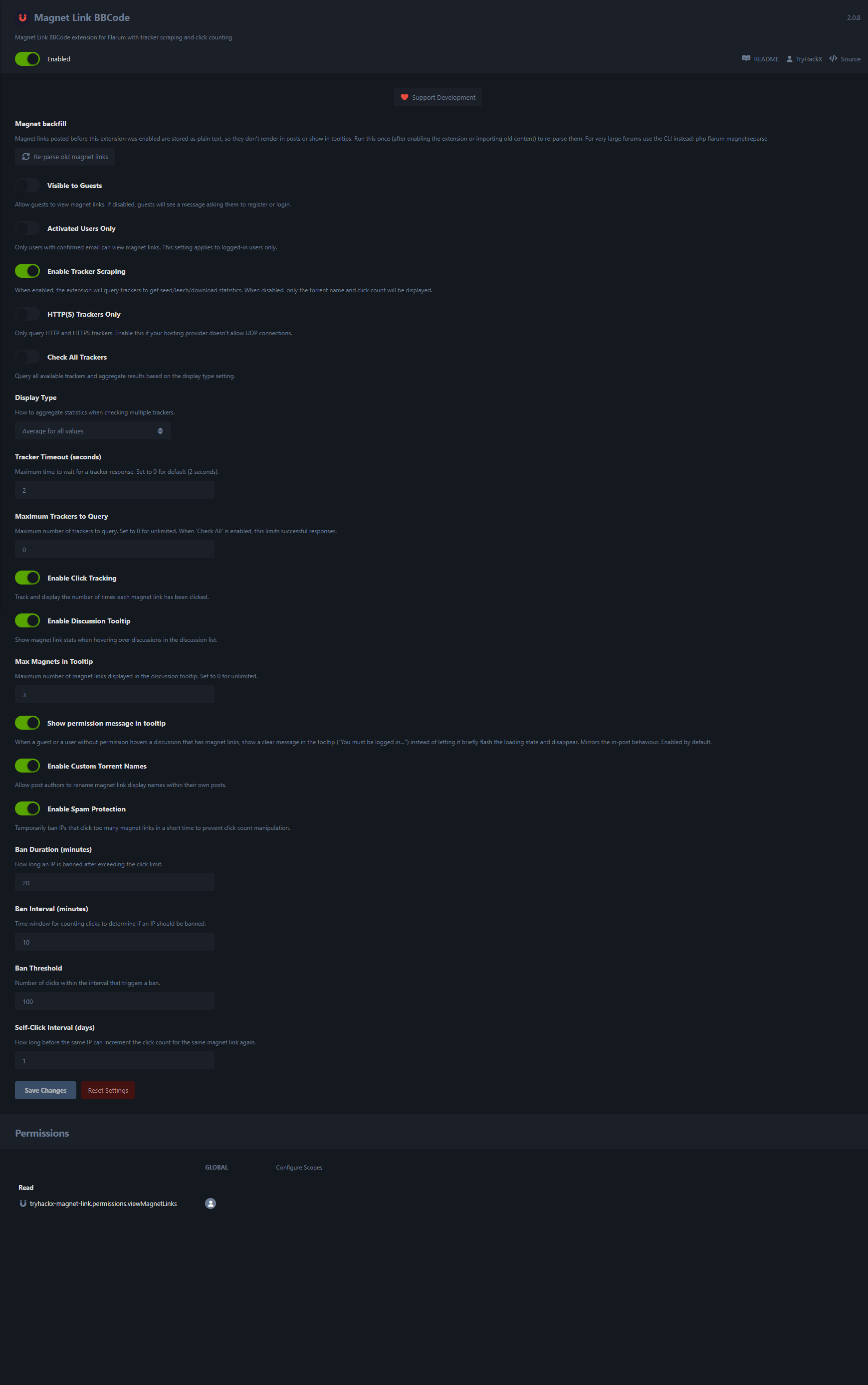 Magnet Link admin settings — backfill, access gates, tracker scraping, click tracking, tooltip and anti-spam controls