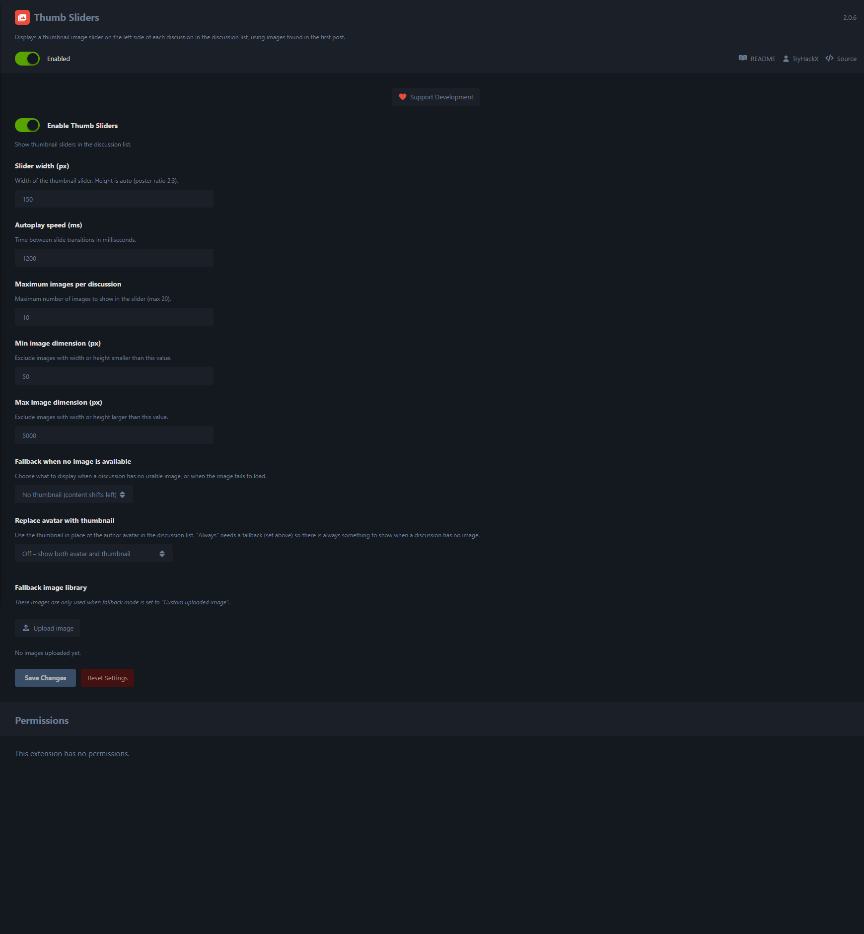 Thumb Sliders admin settings — slider geometry, image limits, fallback and avatar replacement