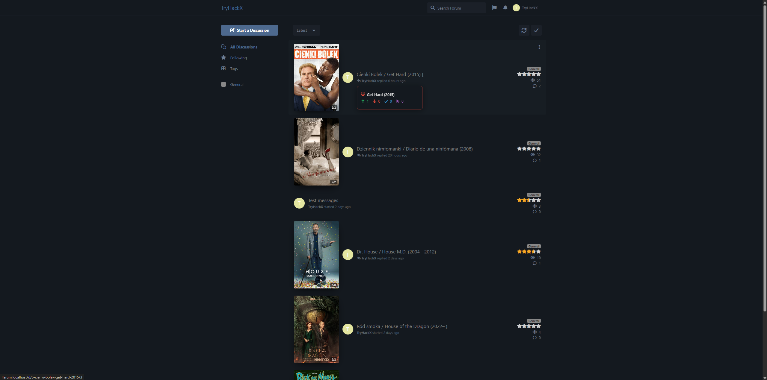 Desktop discussion list with the full TryHackX stack — thumbnail sliders, star ratings and the magnet button