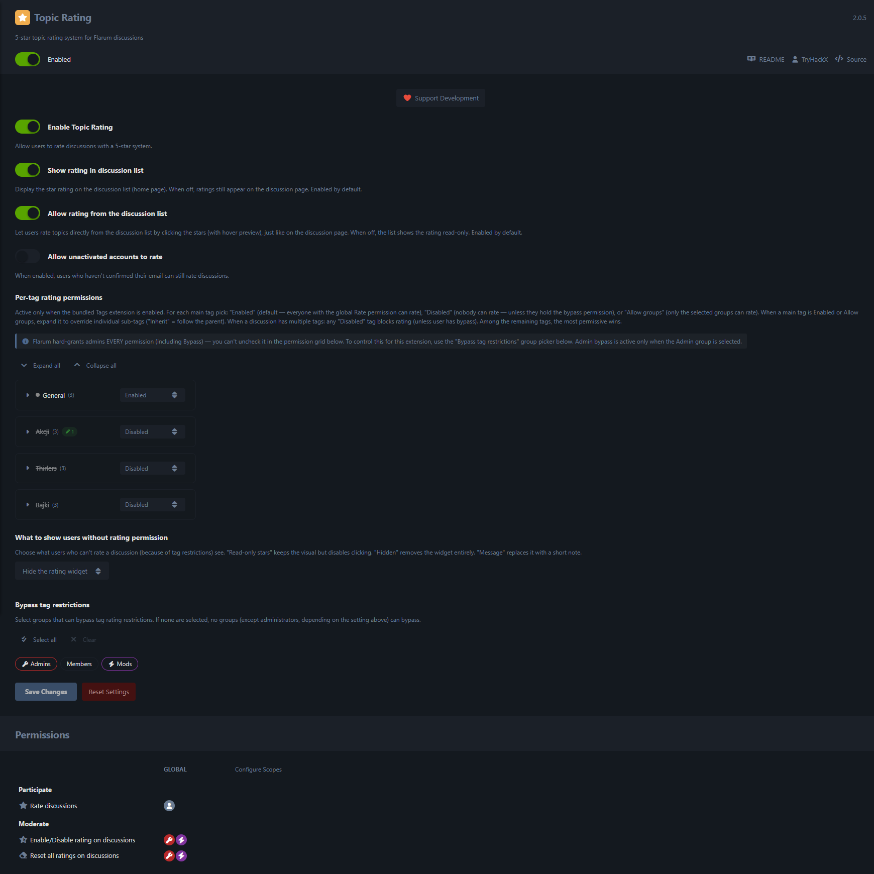 Topic Rating admin panel — per-tag permission tree, bypass-group picker and display-mode selector