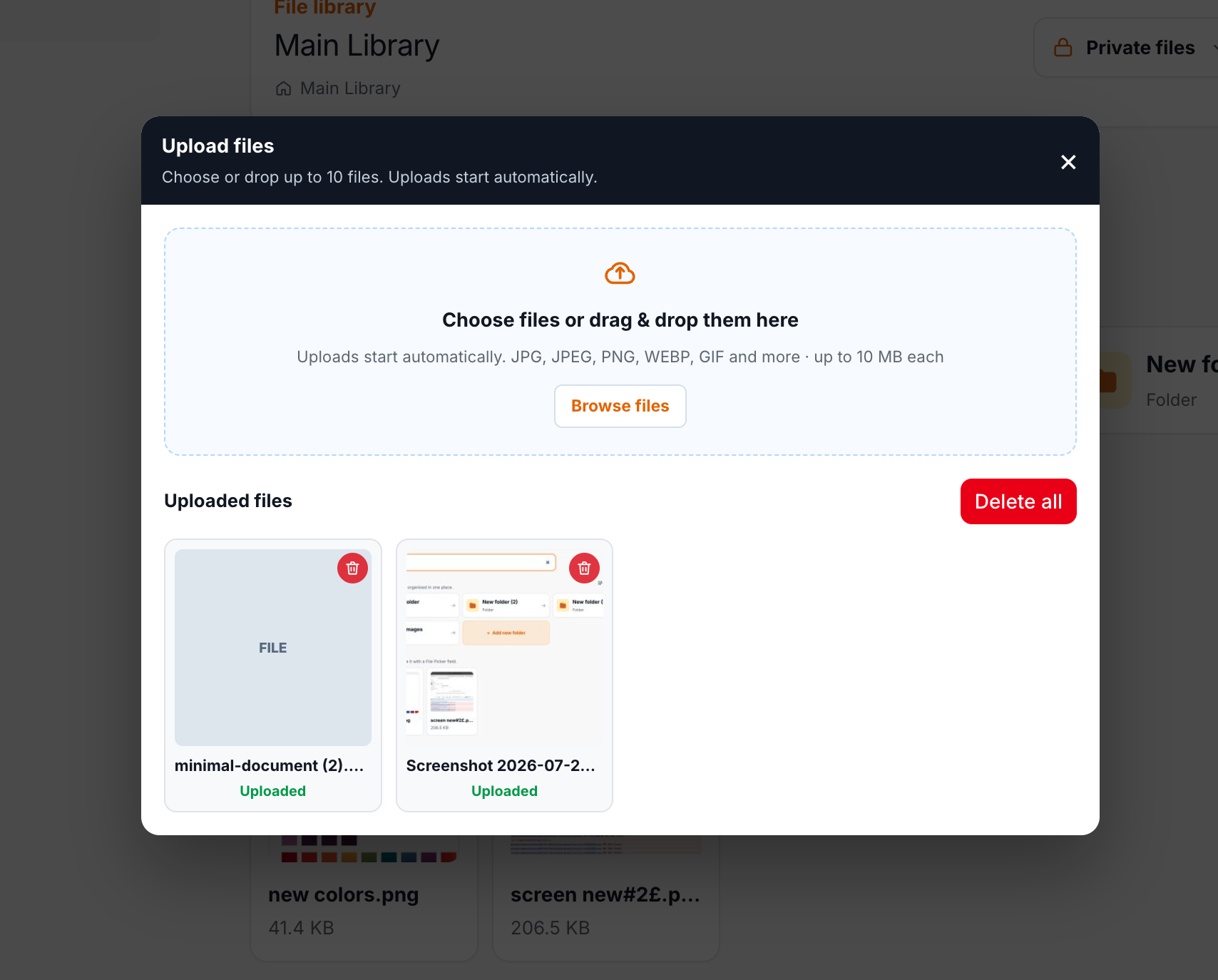 Upload files modal