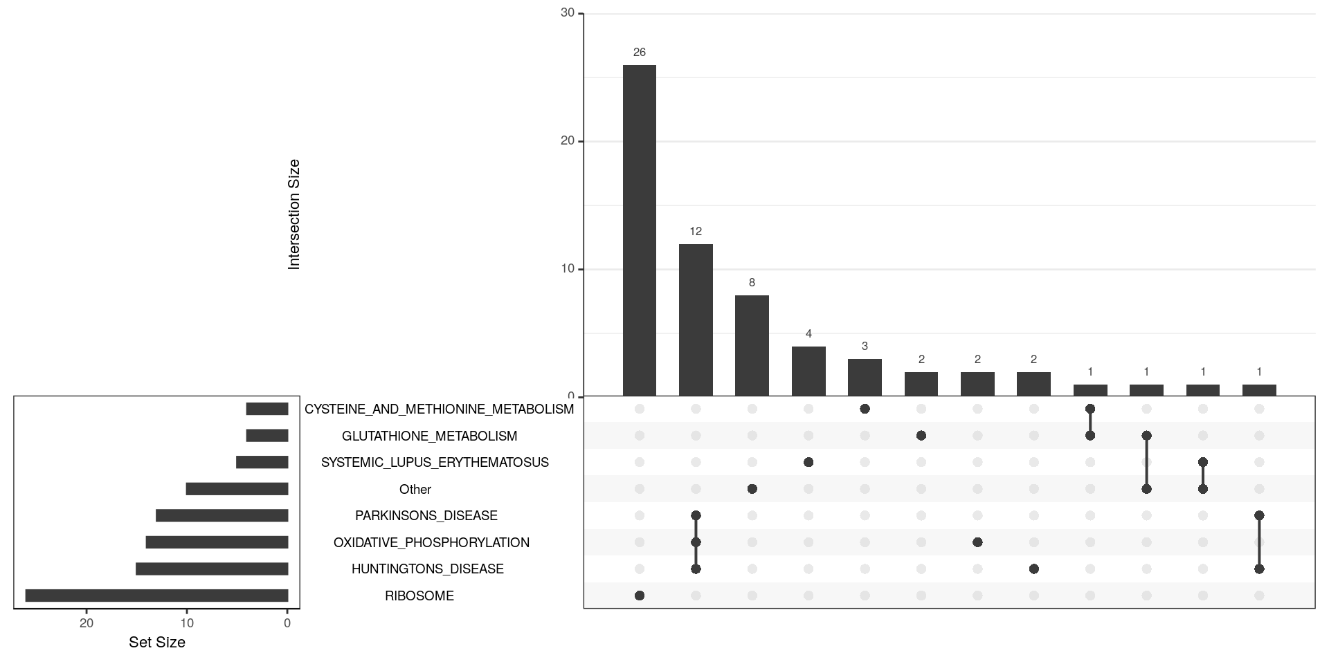 *UpSet plot indicating distribution of DE genes within all significant terms from the KEGG gene sets. There is considerable overlap between Oxidative Phosphorylation and both Parkinson's and Huntington's Disease, indicating that these terms essentially capture the same signal.*