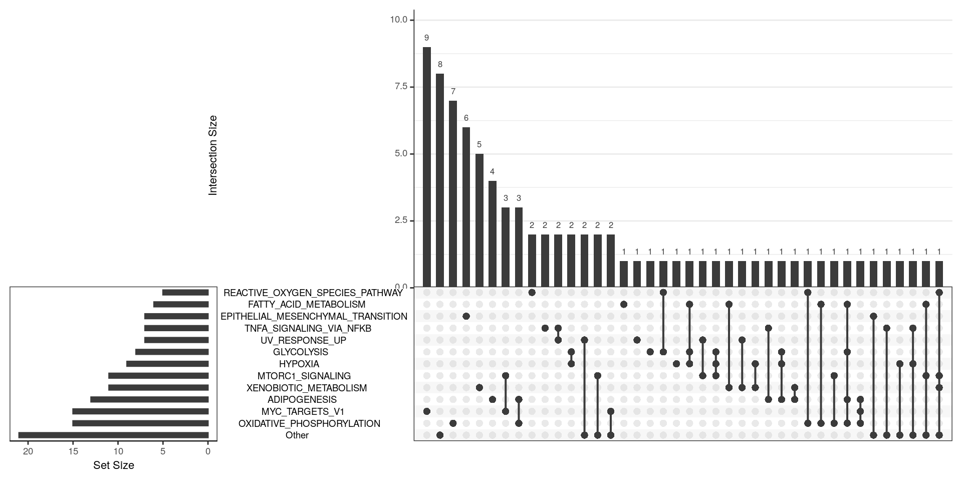 *UpSet plot indicating distribution of DE genes within all significant HALLMARK gene sets. Most gene sets seem relatively independent of each other.*