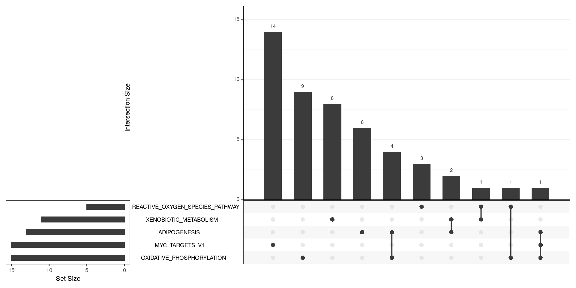 *UpSet plot indicating distribution of DE genes within all significant terms from the HALLMARK gene sets. Most terms seem relatively independent of each other.*