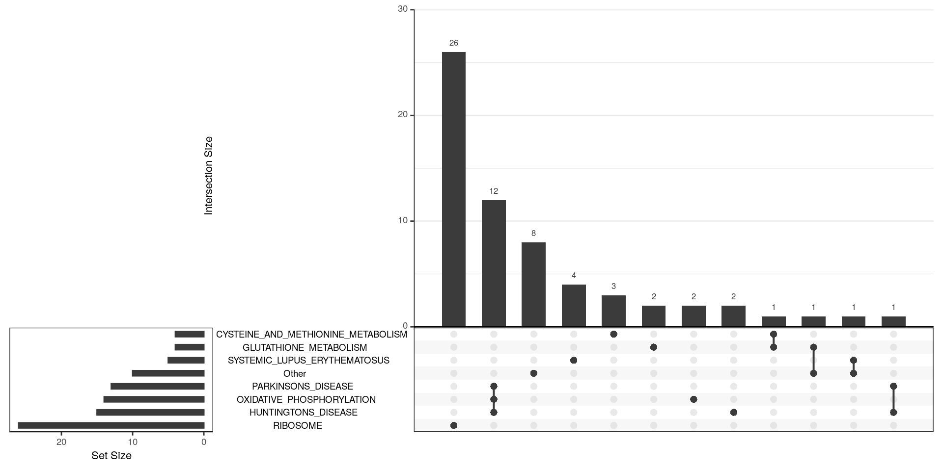 *UpSet plot indicating distribution of DE genes within all significant terms from the KEGG gene sets. There is considerable overlap between Oxidative Phosphorylation and both Parkinson's and Huntington's Disease, indicating that these terms essentially capture the same signal.*