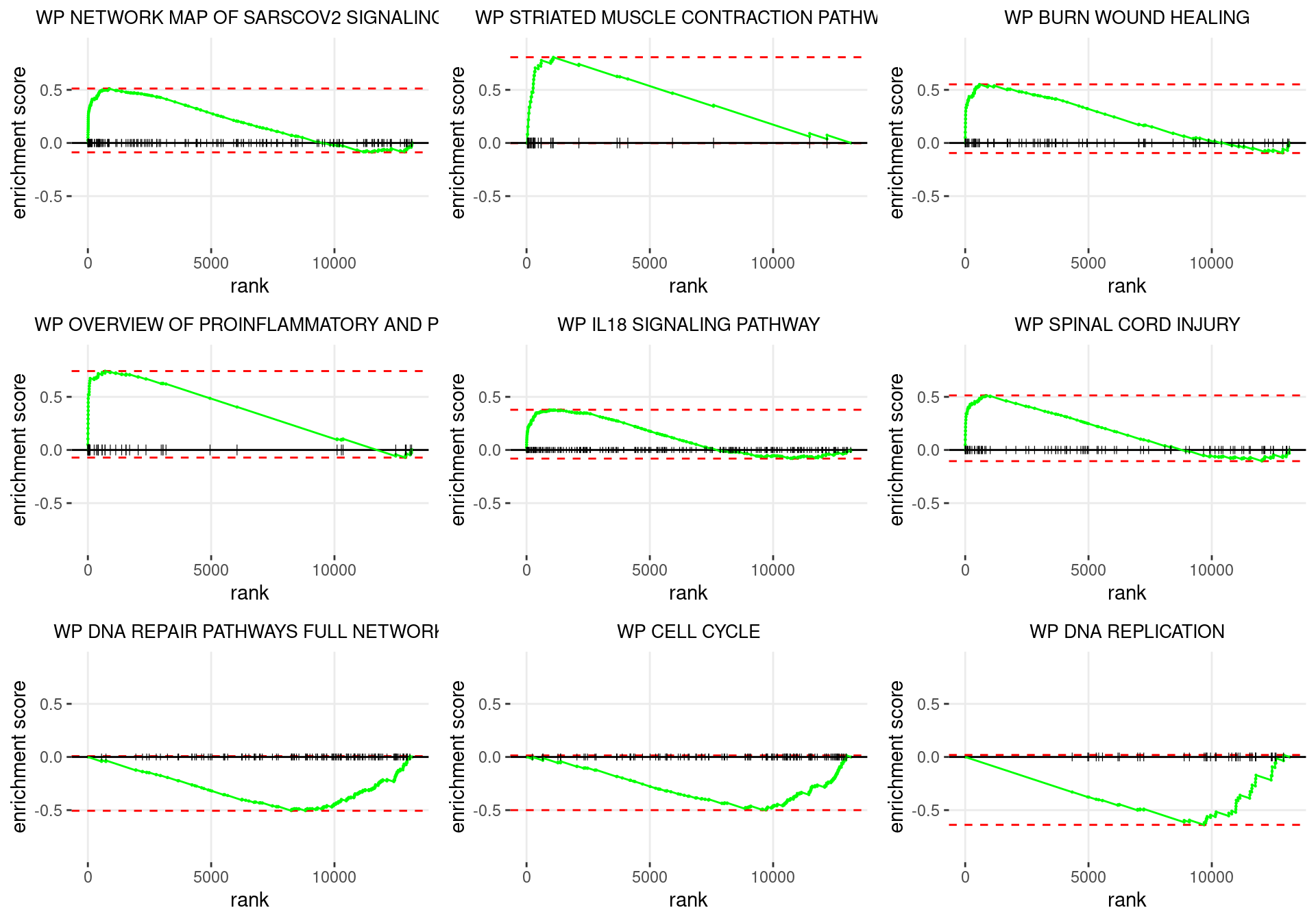 Enrichment plots for the most highly ranked WIKIPATHWAYS gene-sets, showing the approximate position within the ranked list where the maximal enrichment score is found. The most compelling results will always be associated with maximal enrichment scores near either extreme.