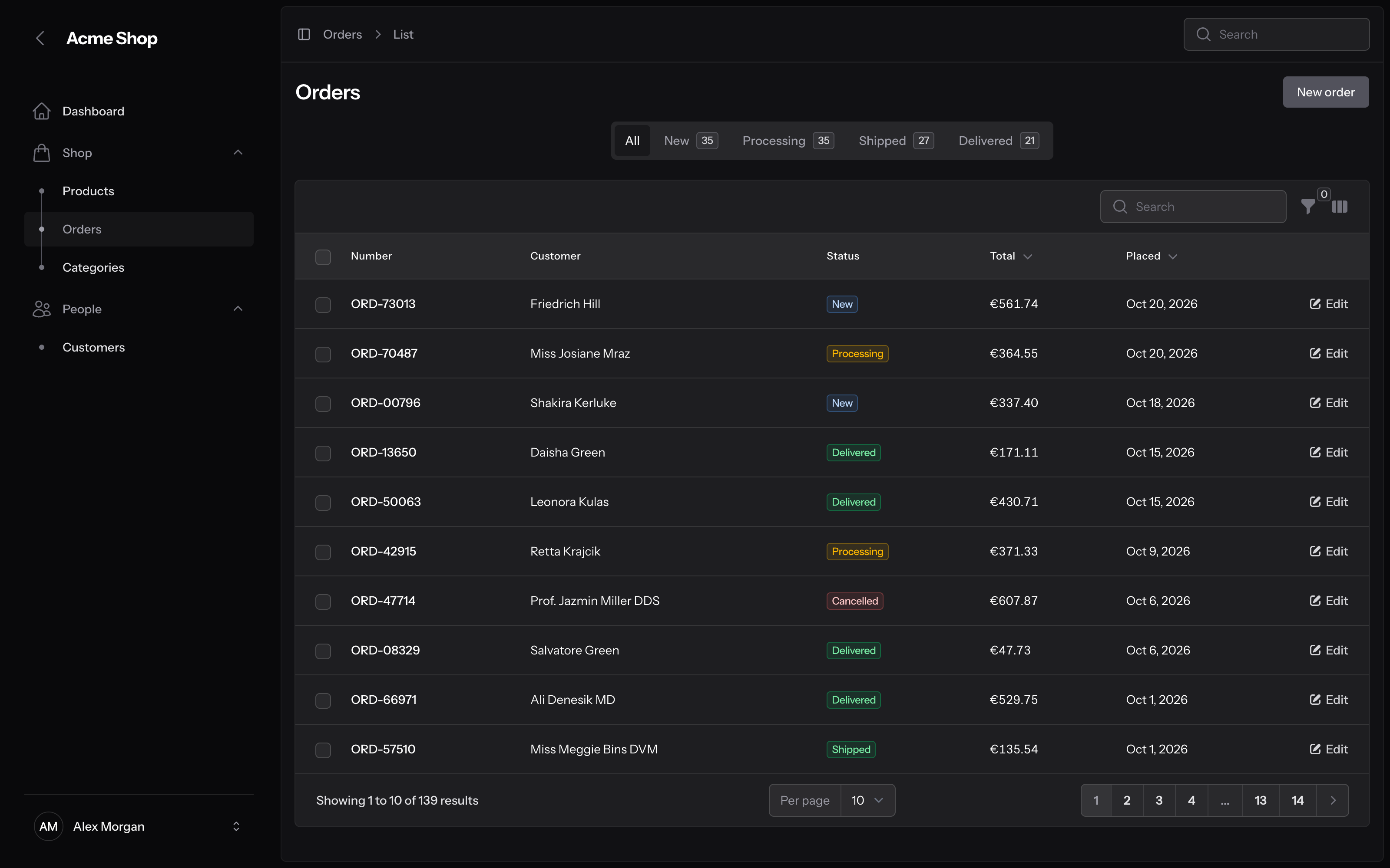 Orders list, dark
