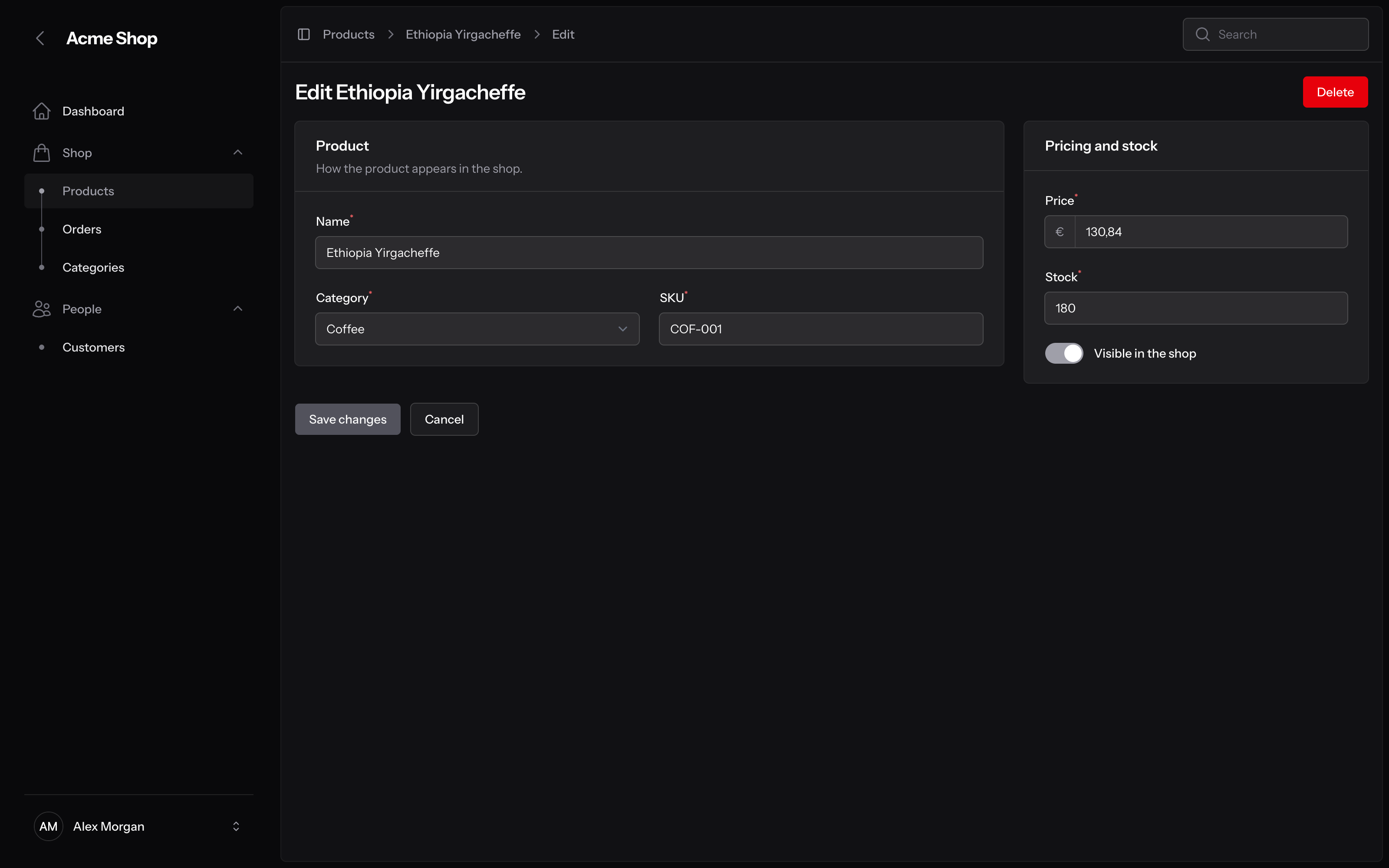 Edit form, dark