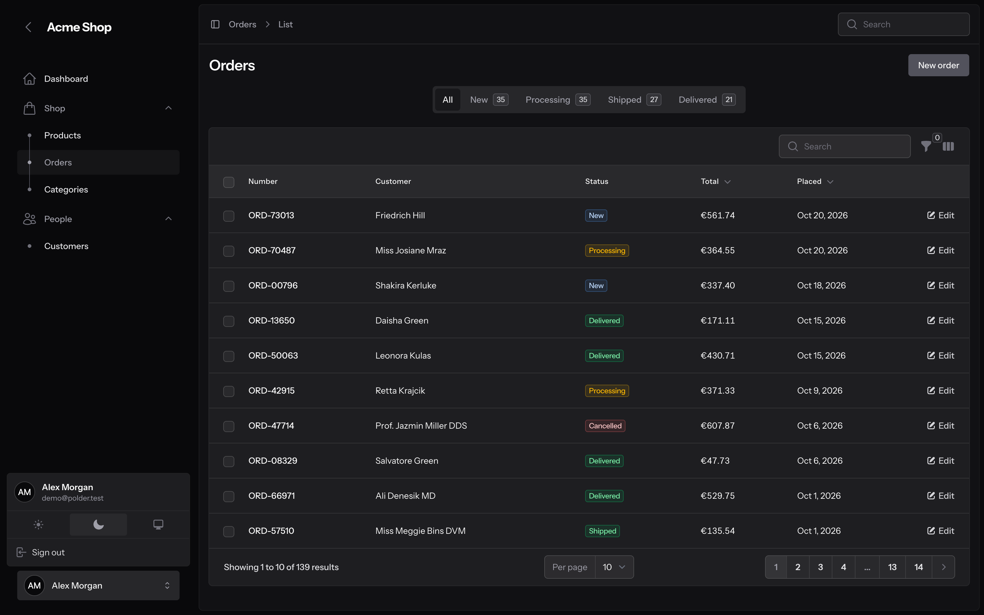 User menu, dark