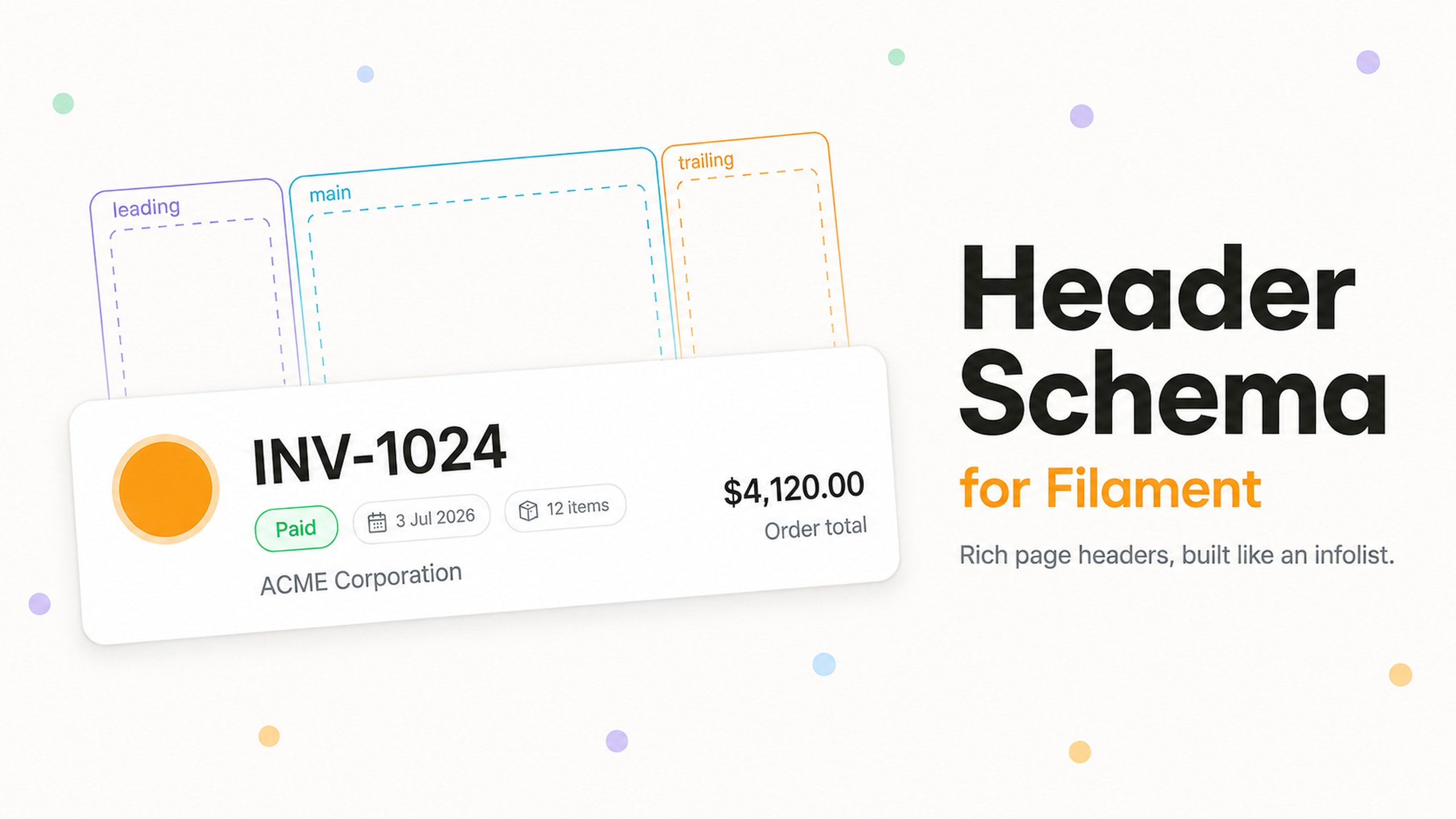 Header Schema for Filament — the leading, main and trailing slots, and the page header they produce
