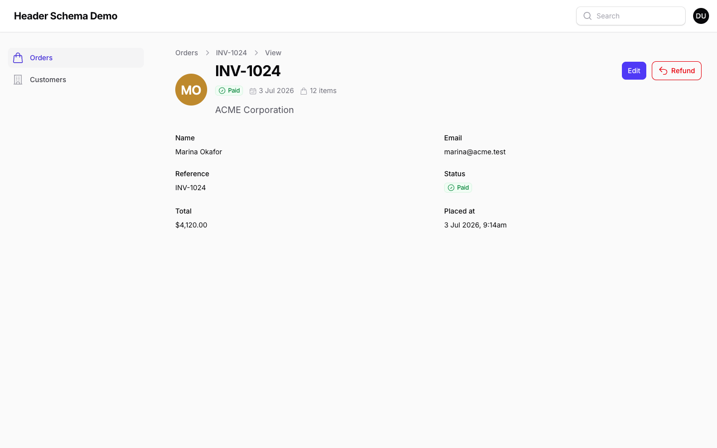 A record page header with an avatar, heading, badge row, description and order total