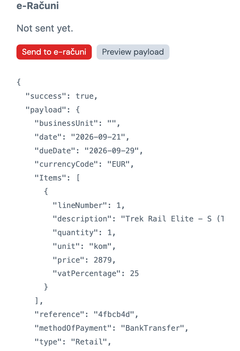 Order panel with payload preview