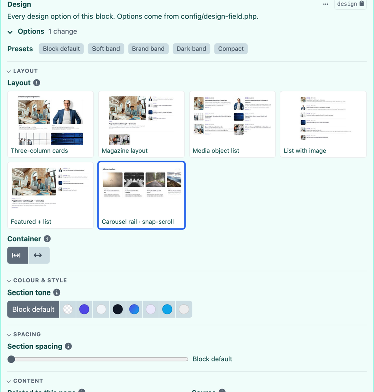 The Design panel in the entry editor: presets, layout tiles, swatches, sections