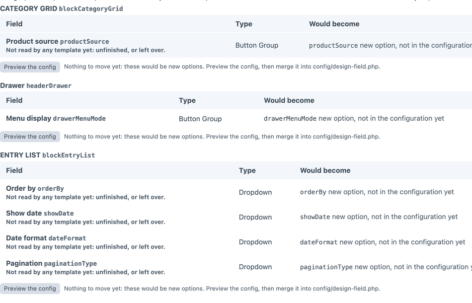 The Tidy up tab: option fields and what they would become