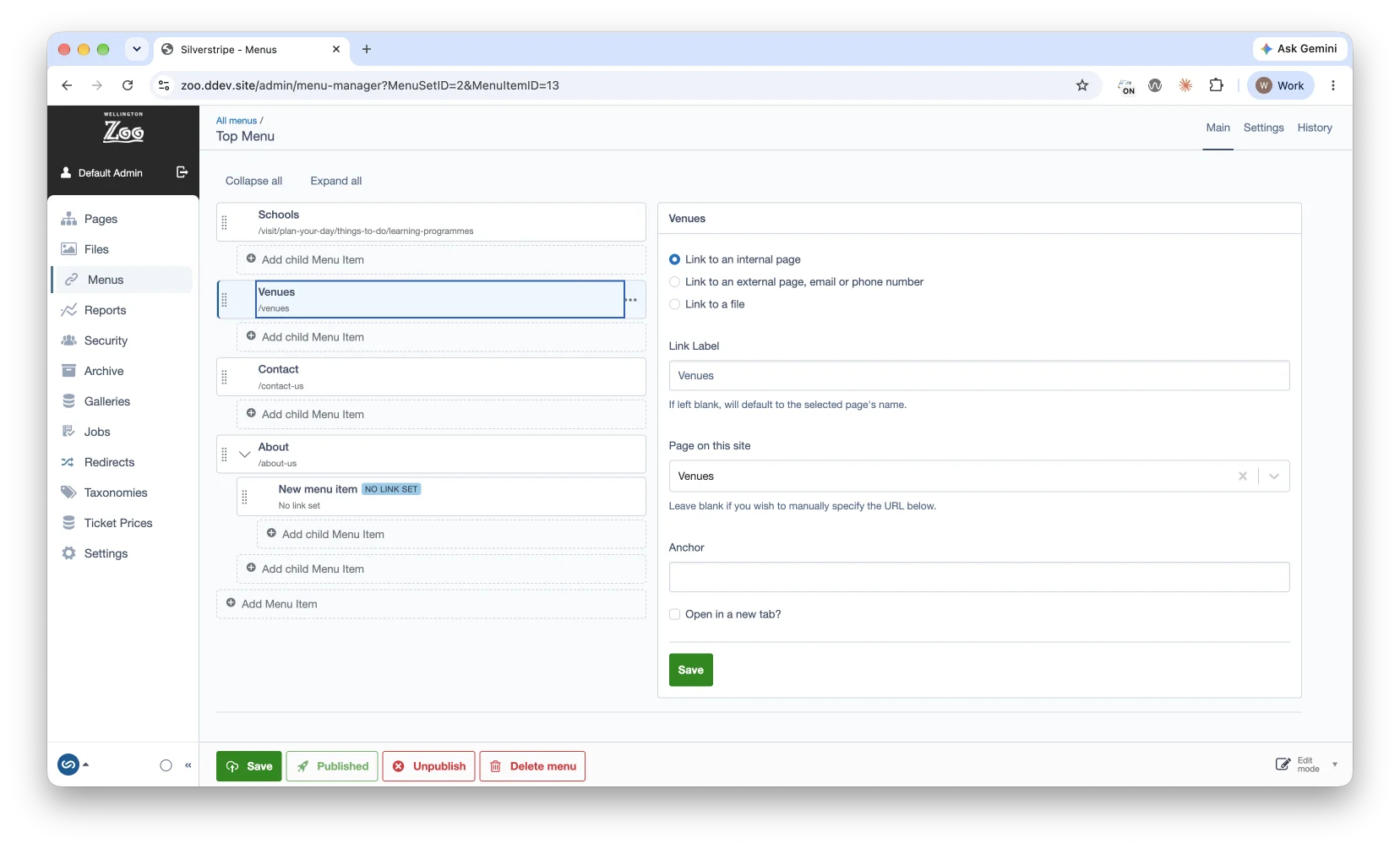 Editing a menu in the Menu Manager admin