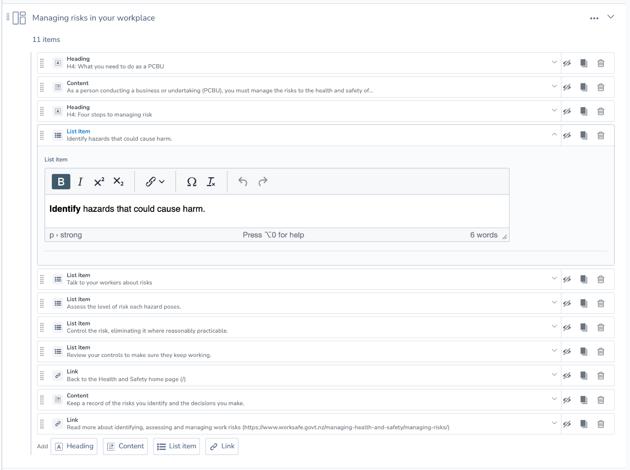 Nested items in the Elemental editor, with one list item open for inline editing