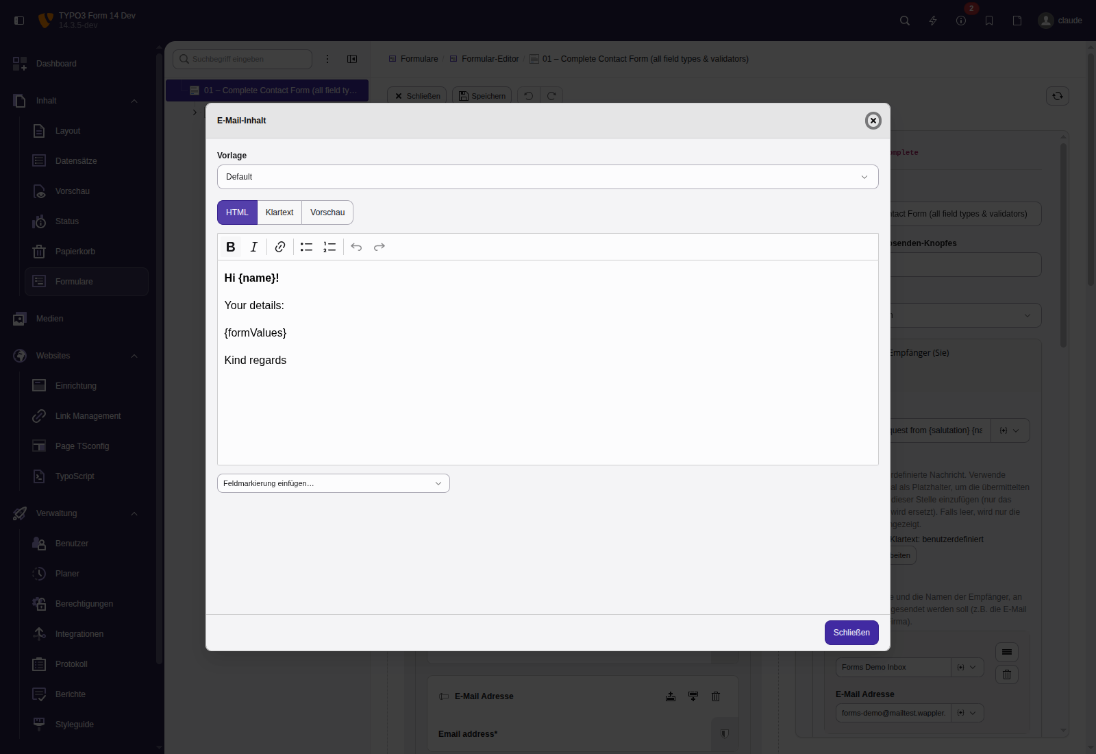 E-mail content editor – HTML body
