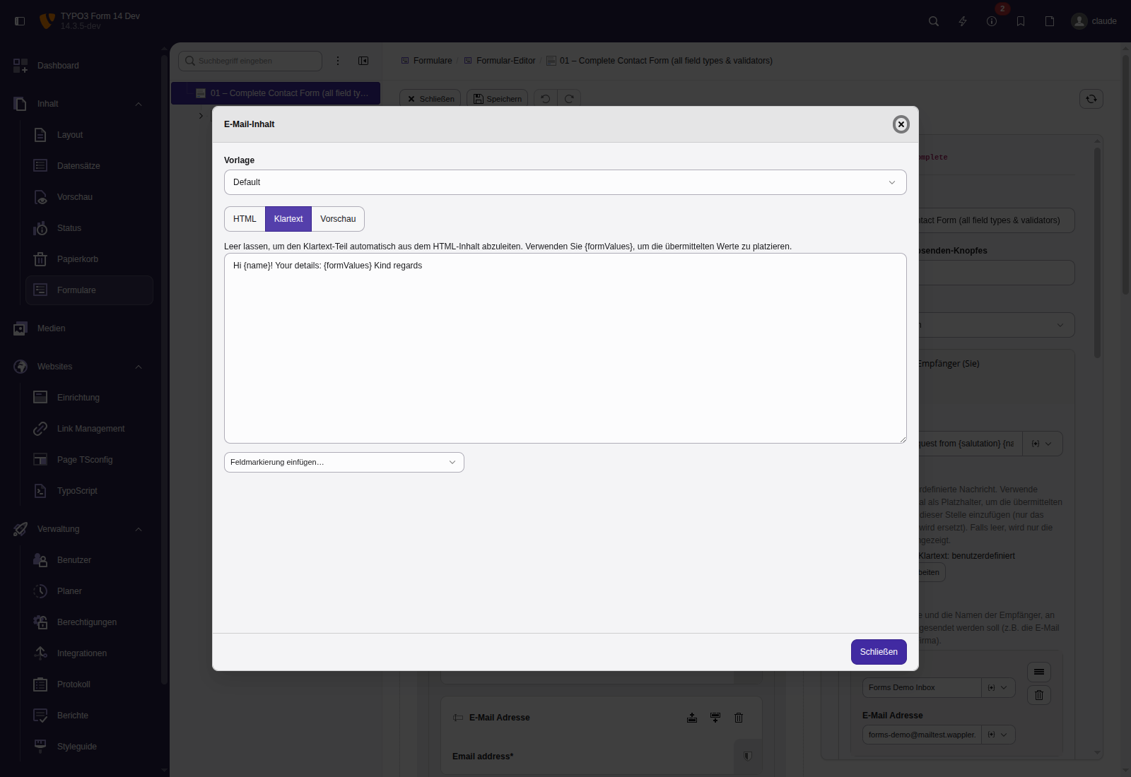 E-mail content editor – plain text