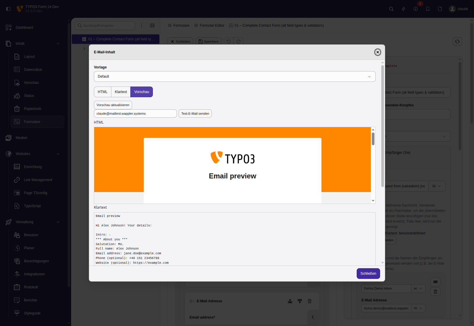 E-mail content editor – preview