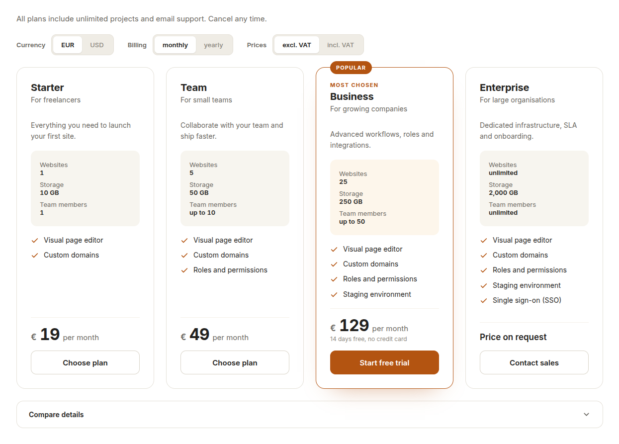 Plan cards with currency, billing and VAT switches