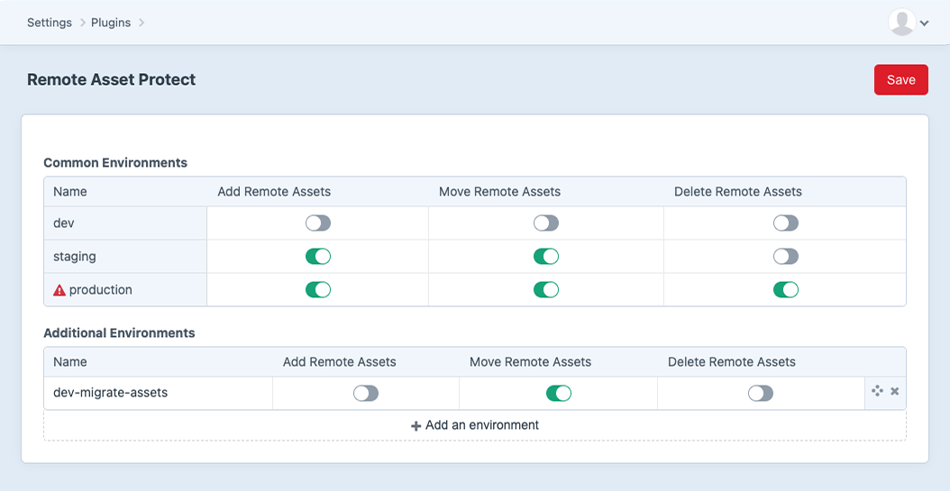 Settings page for Remote Asset Protect showing toggle switches for environment permissions