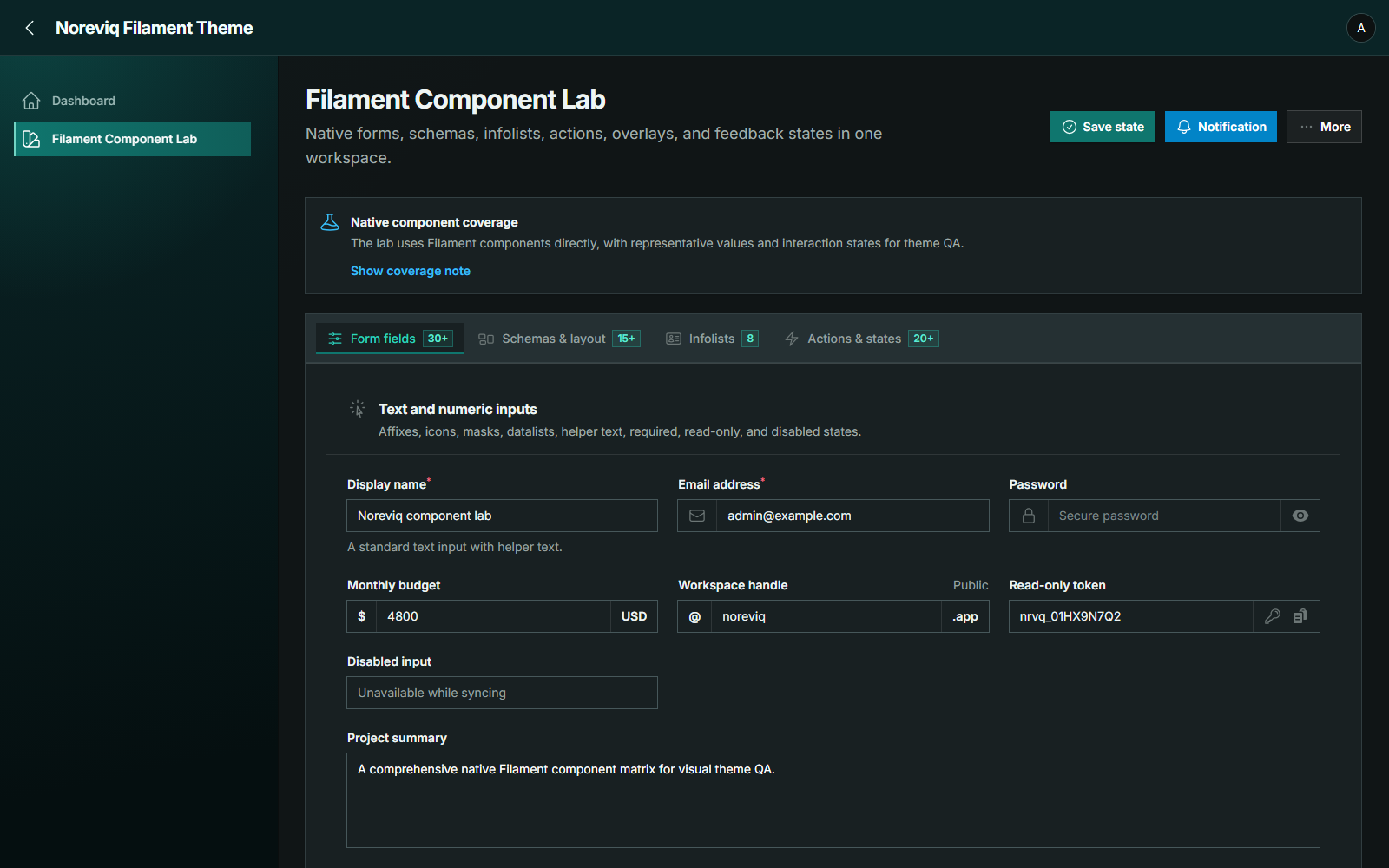 Noreviq component lab in dark mode