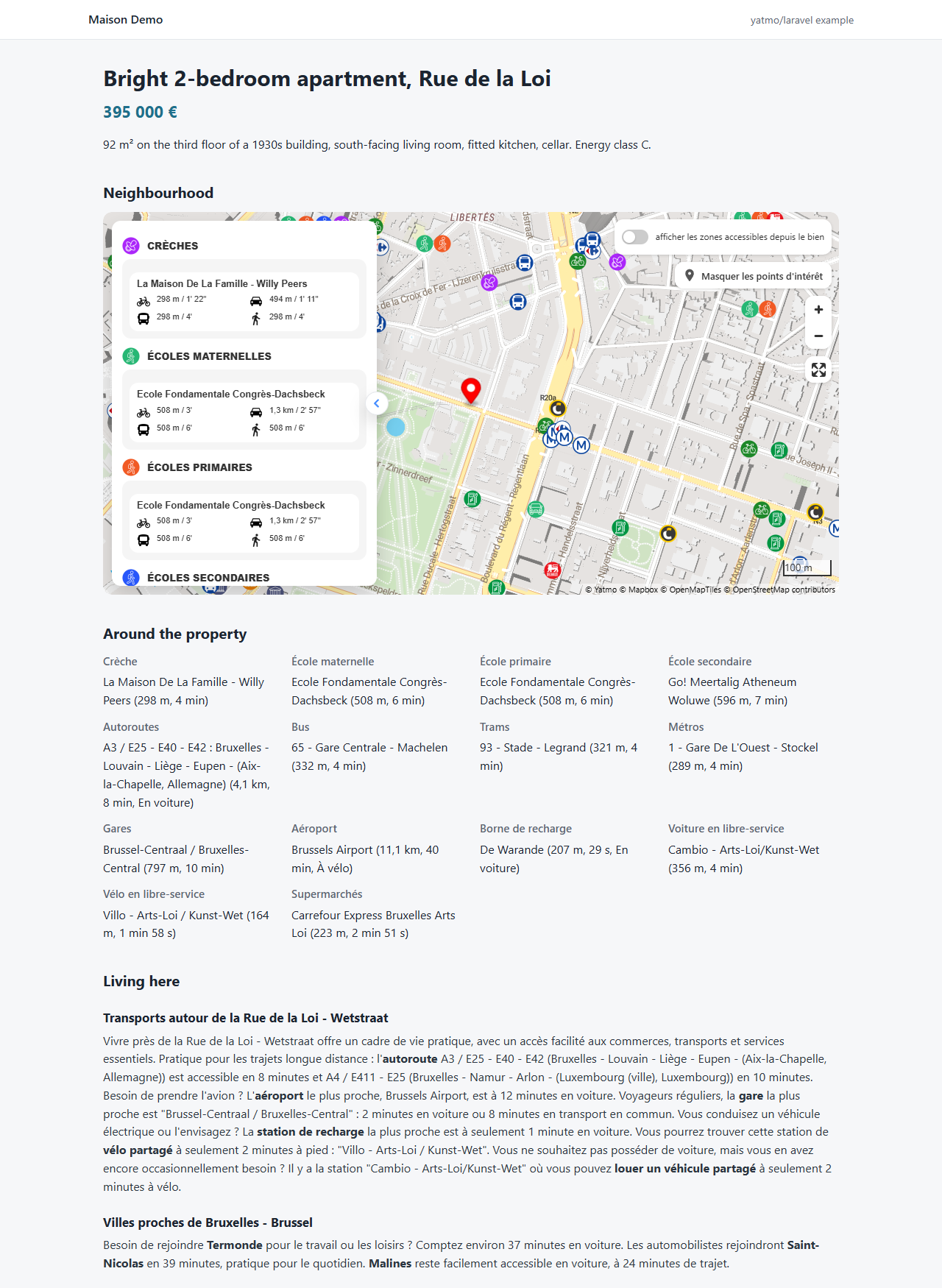A Laravel property page with the Yatmo map, the nearest places and the neighbourhood text