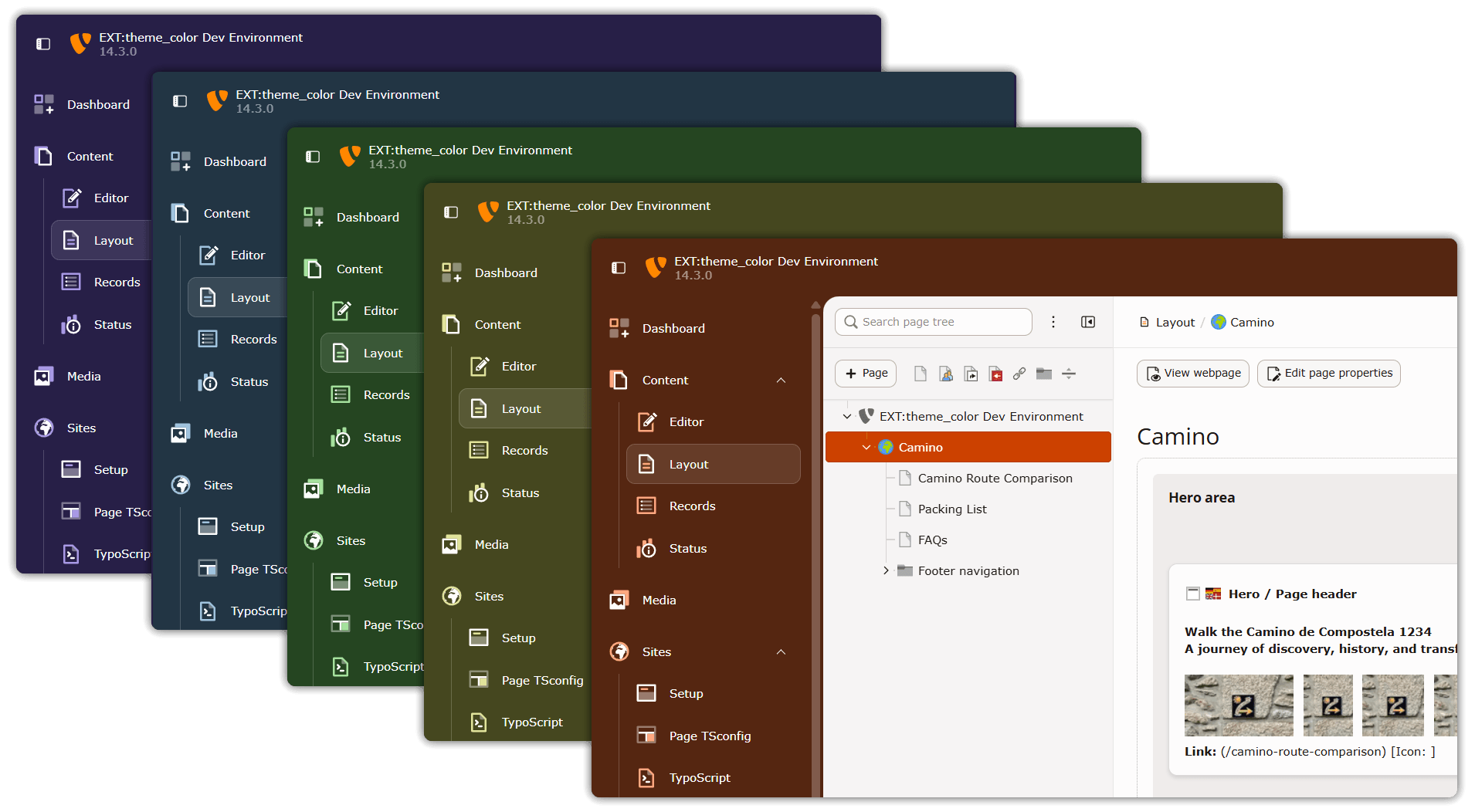 Screenshot of different theme colors in TYPO3 backend