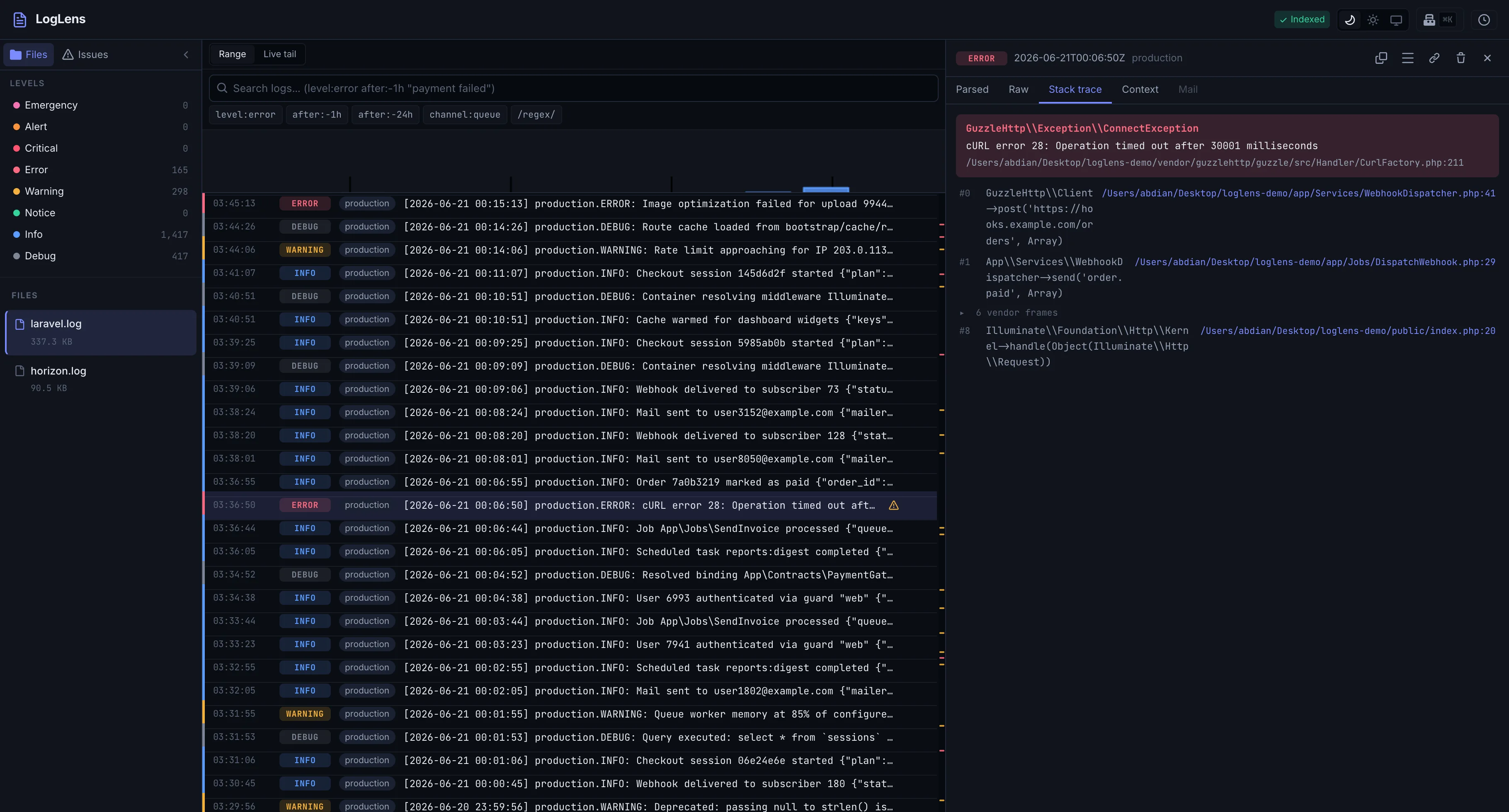 Detail drawer โ Flare-style stack trace with app frames highlighted, vendor frames collapsed, and editor deep links