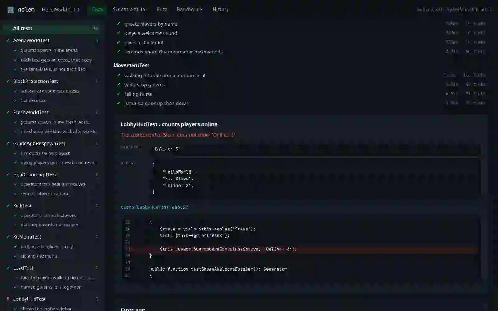 The Golem dashboard: tests, a failure with expected and actual values, and the line that failed