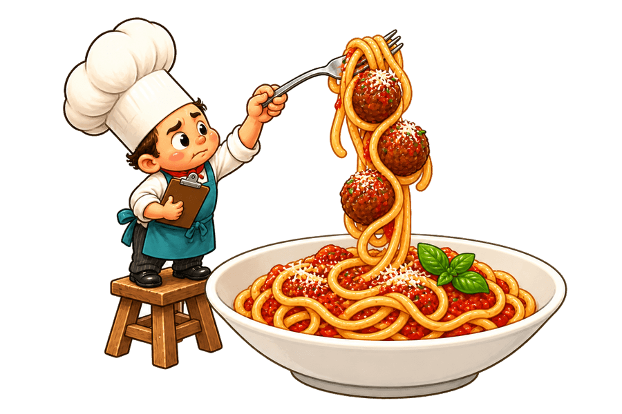 Knotbane header illustration of a cartoon chef discovering three meatballs tangled in one forkful of spaghetti