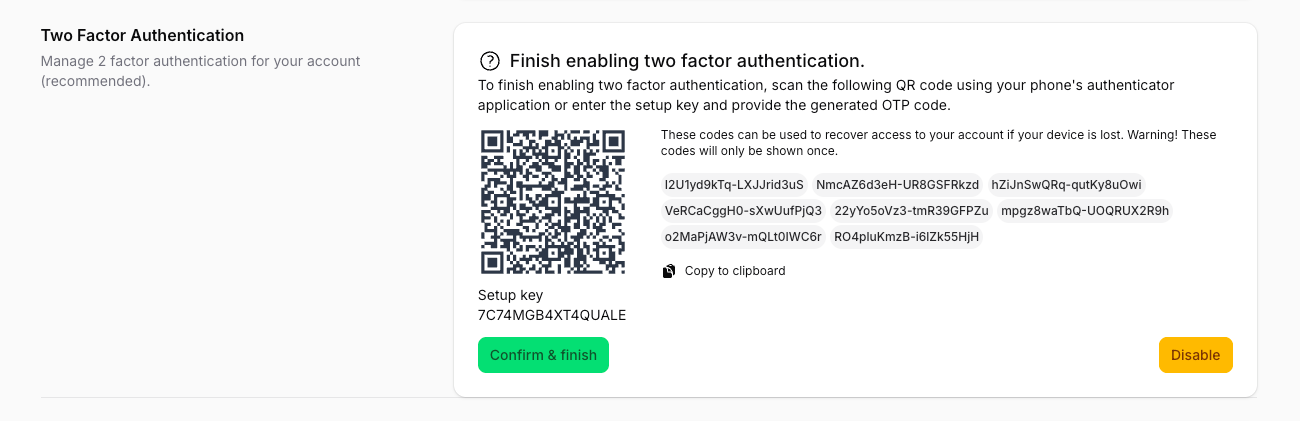 Screenshot of Two Factor codes