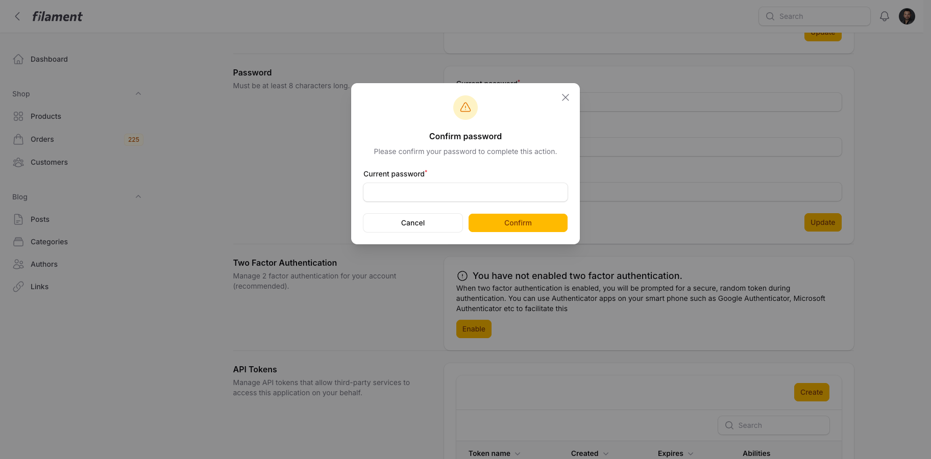 Screenshot of Password confirmation action