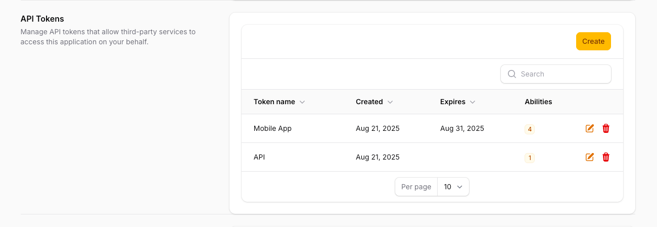 Screenshot of Sanctum token management