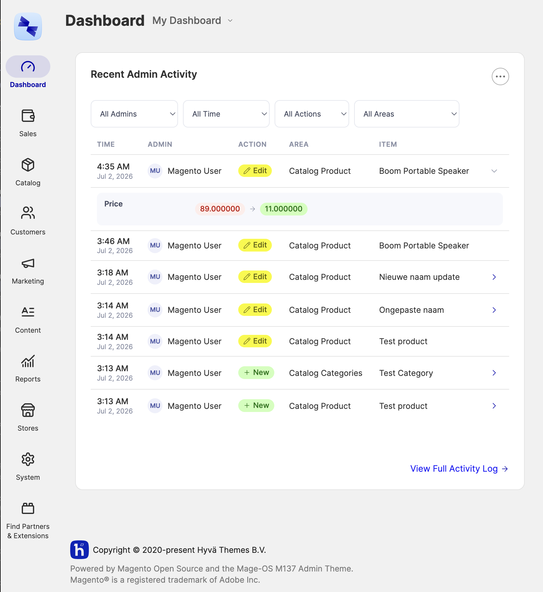 Recent Admin Activity widget