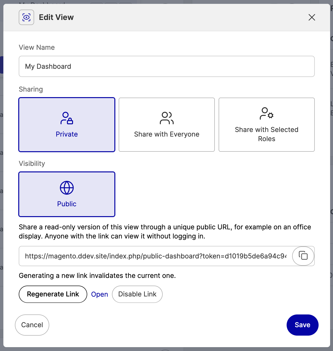 Edit View modal with the Public visibility option and the public link controls