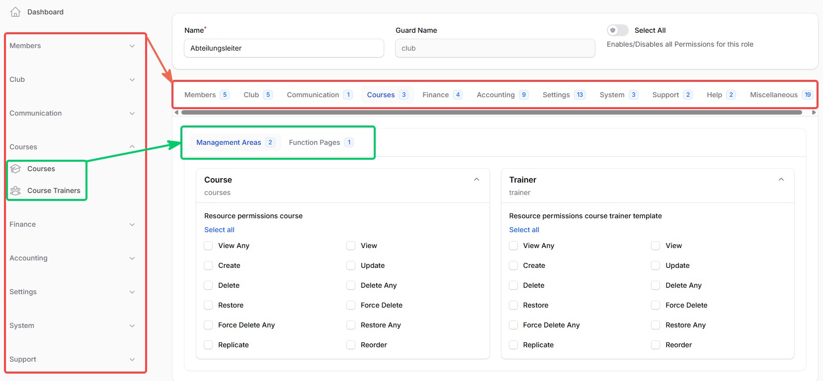 group_by_navigation enabled: navigation-group tabs on top, Resources/Pages sub-tabs underneath