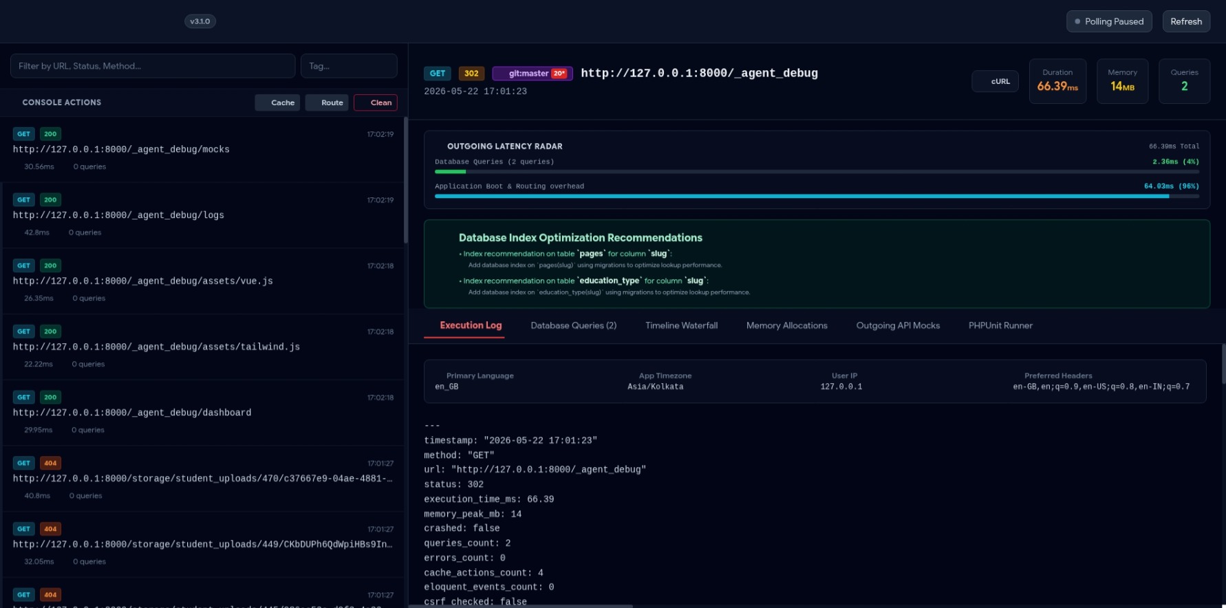 Laravel Agent-Debugger Dashboard