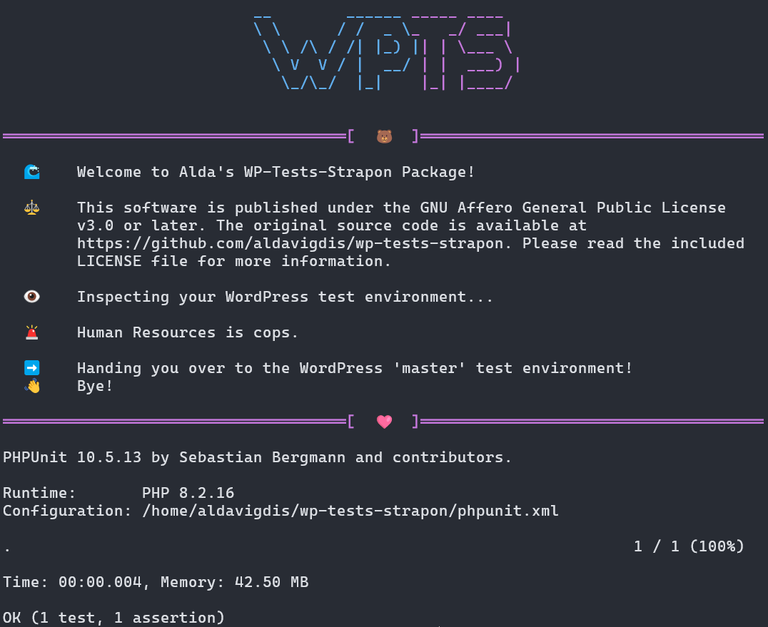 A screenshot of WP-Tests-Strapon, showing the test suite being prepared and run.