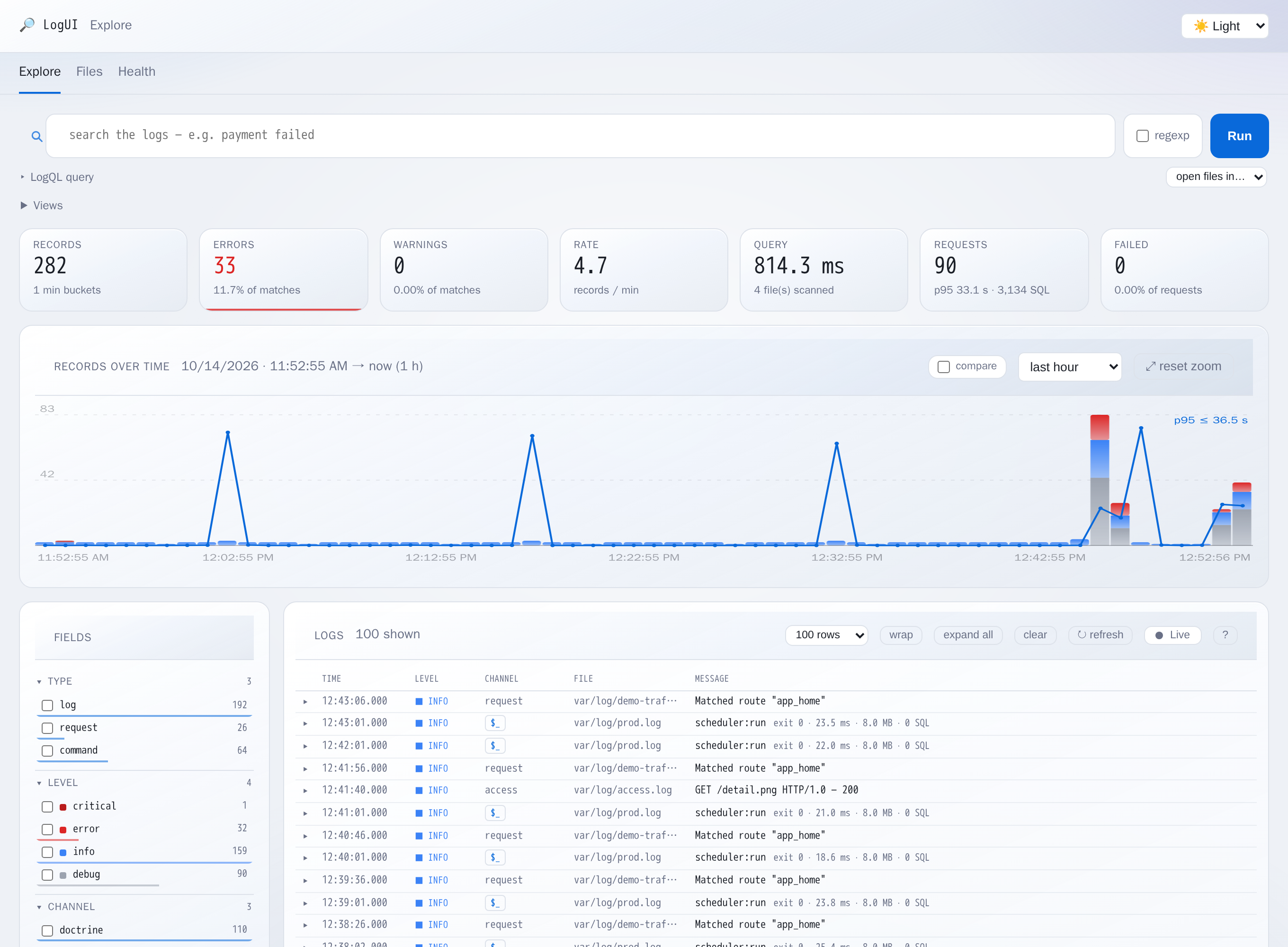 LogUI — log explorer, light theme