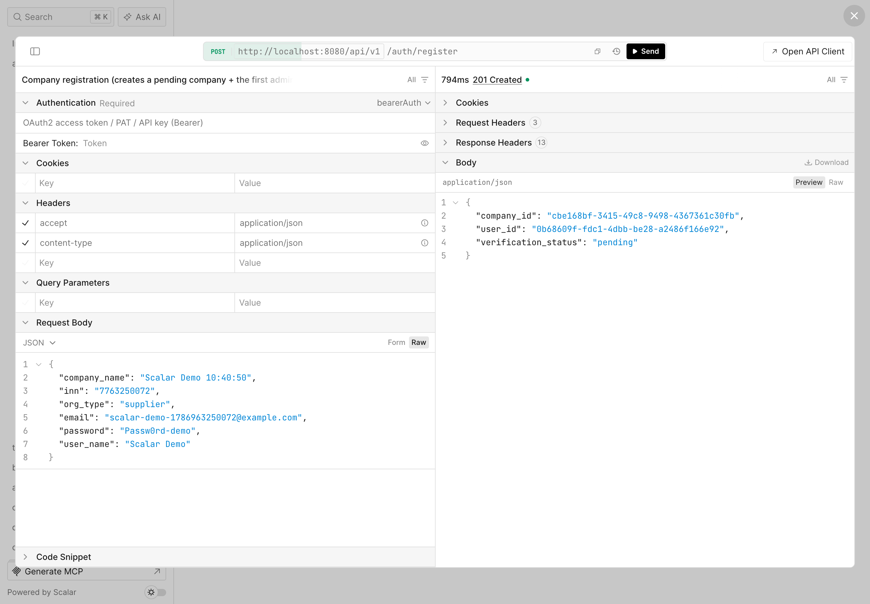 Tender Platform API reference rendered with Scalar