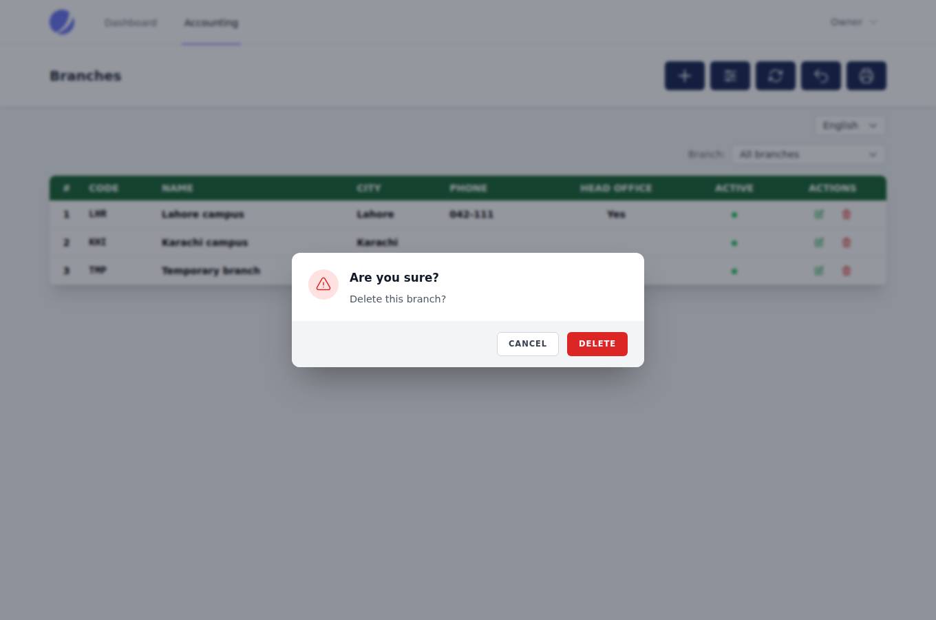 Delete asks in a modal: Cancel or Delete
