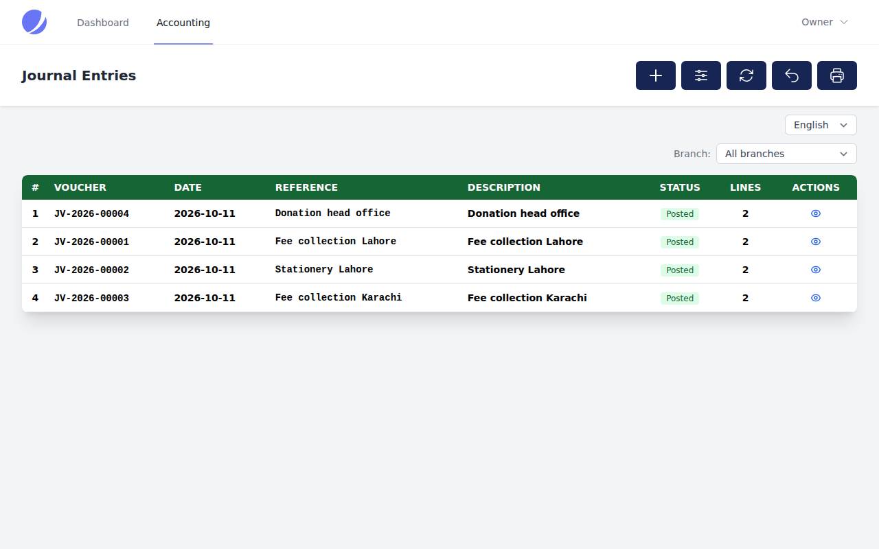 Journal entries in Jetstream: the Accounting link in the top navigation