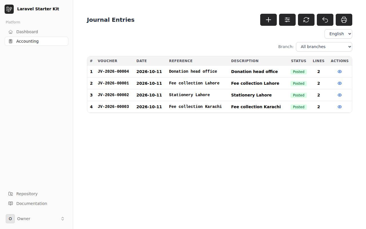 Journal entries in the Livewire starter kit: the Accounting link in the sidebar, Flux-style buttons and cards