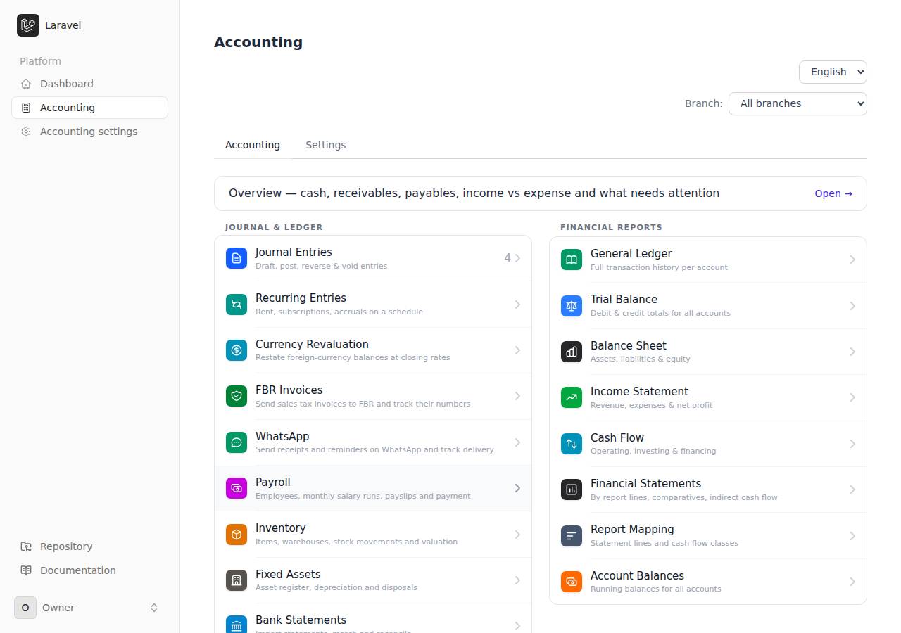 The Accounting tab in the Livewire 4 starter kit