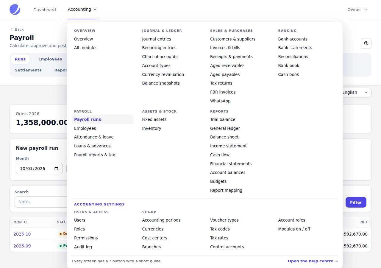Jetstream: Accounting dropdown with the sections side by side