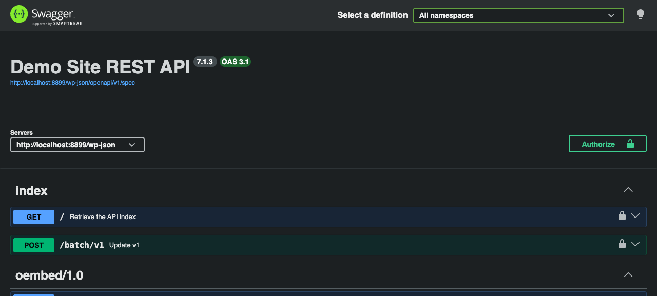 Swagger UI showing a WordPress site's REST API