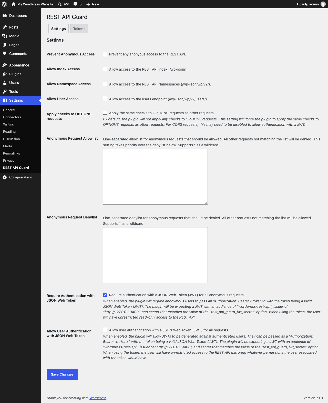 The REST API Guard settings page