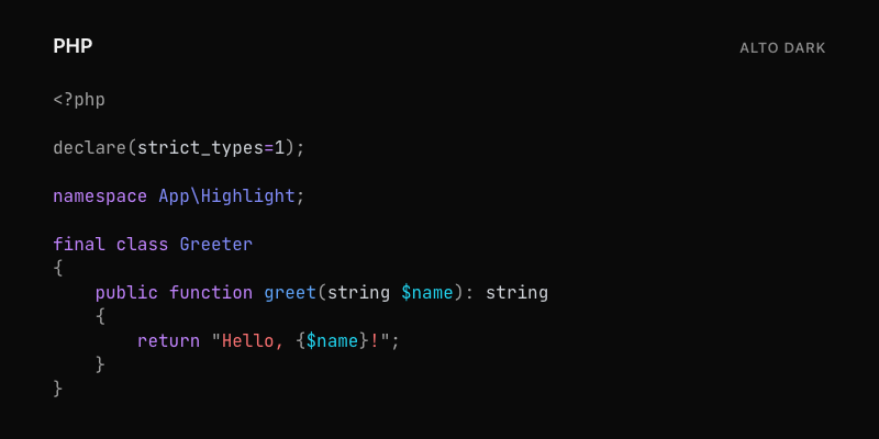 PHP highlighted with the Alto Dark theme