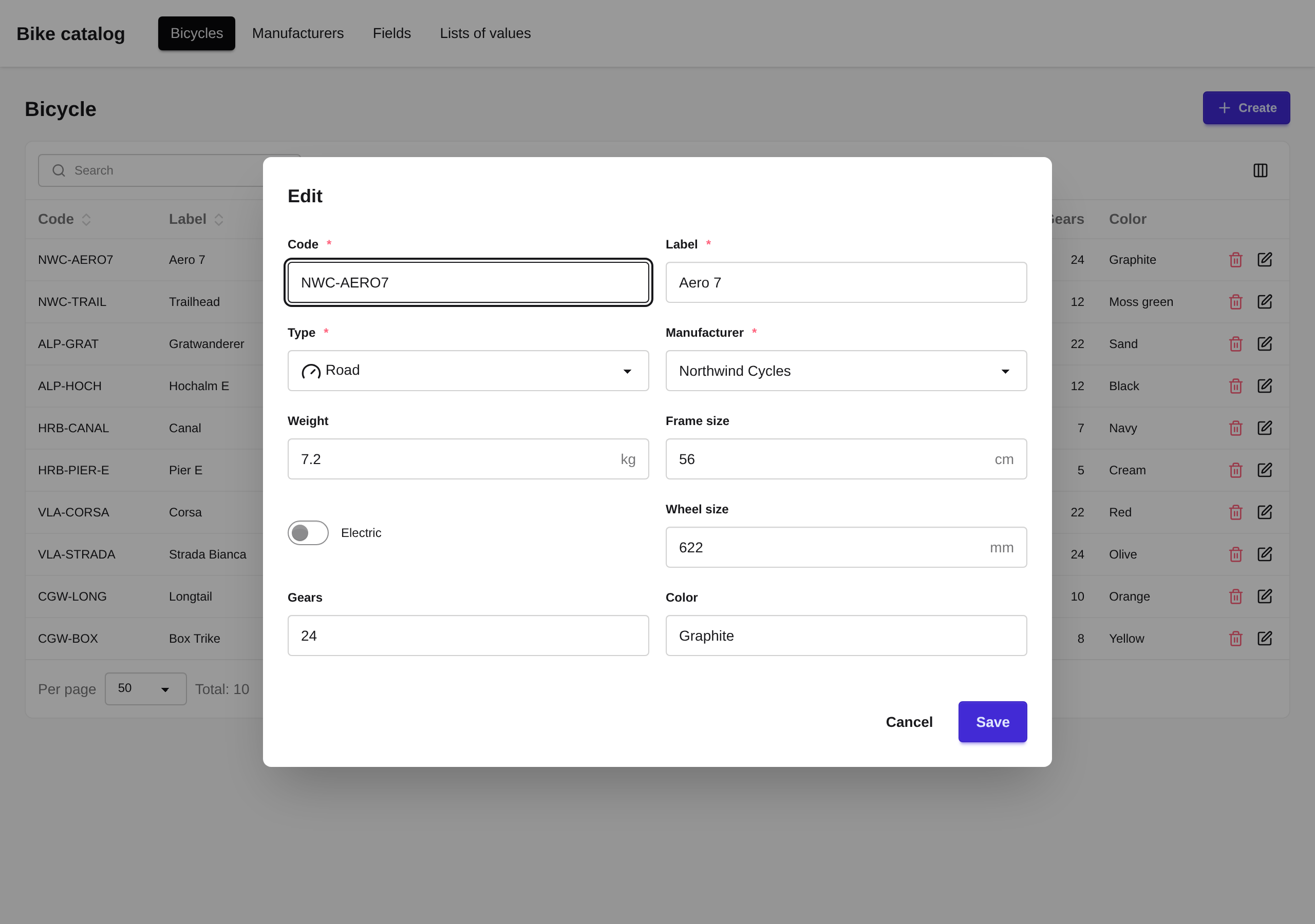 Editing a bicycle on the daisyUI screens